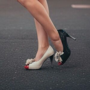 Poetic License Black and Cream Peep-Toe Heels with Floral Detail